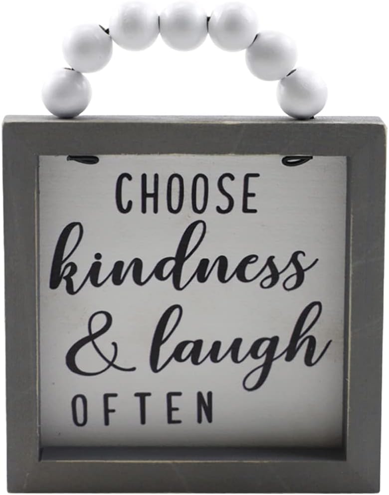 & Laugh Often Sign 4.5x5.7inch Wood Framed Wall Sign with Wood Bead String Hanger - Retro Farmhouse Tabletop Block for Thanksgiving Christmas