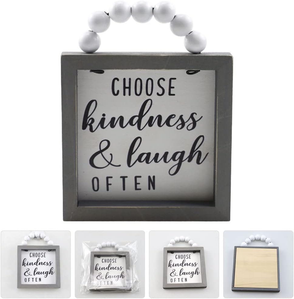 & Laugh Often Sign 4.5x5.7inch Wood Framed Wall Sign with Wood Bead String Hanger - Retro Farmhouse Tabletop Block for Thanksgiving Christmas