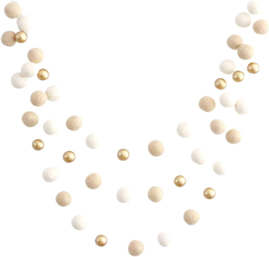 "Vanilla Gold" Handmade Felt Ball Christmas Garland by Sheep Farm Felt- Cream, Ivory, and Gold Wool and Wood Felt Ball Metallic garland- 2.5 cm felt balls