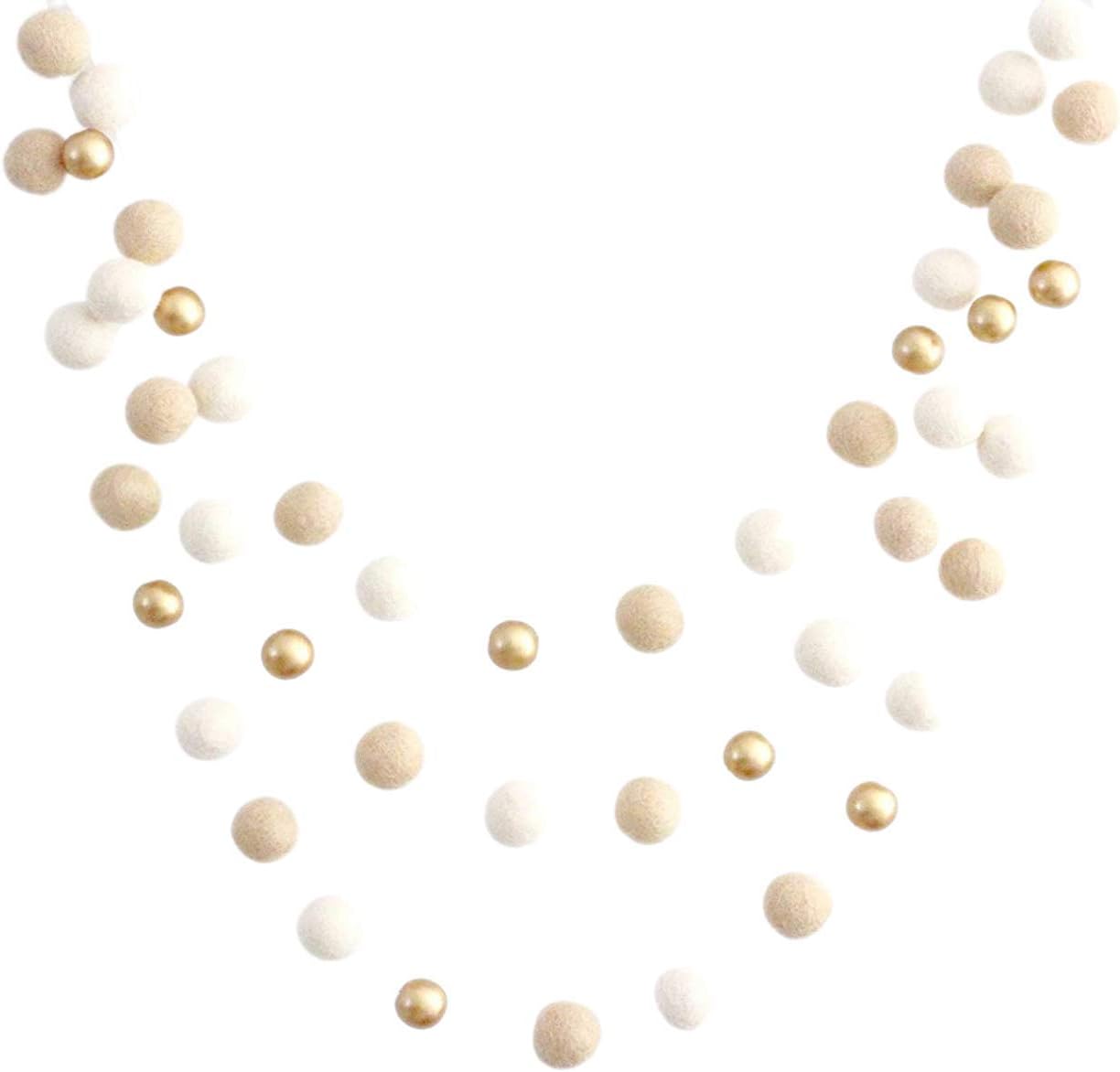 "Vanilla Gold" Handmade Felt Ball Christmas Garland by Sheep Farm Felt- Cream, Ivory, and Gold Wool and Wood Felt Ball Metallic garland- 2.5 cm felt balls