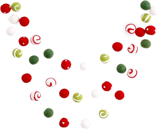 "Christmas Gala" Christmas Felt Ball Garland by Sheep Farm Felt- Red, Green, White Swirls and Dots Felt Balls. 9ft garland shown. 2.5 cm balls.