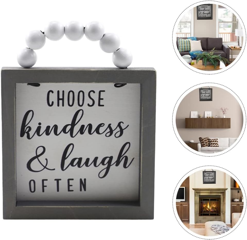 & Laugh Often Sign 4.5x5.7inch Wood Framed Wall Sign with Wood Bead String Hanger - Retro Farmhouse Tabletop Block for Thanksgiving Christmas