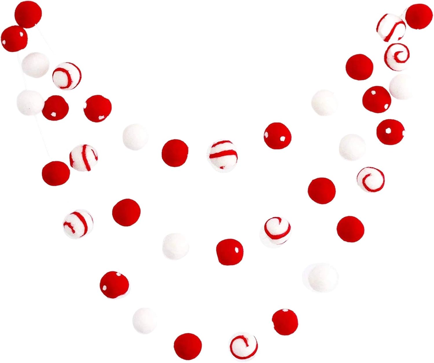 "Peppermint Swirl" Christmas Felt Ball Garland by Sheep Farm Felt- Red White Swirls and Dots Felt Balls. 9ft garland shown. 2.5 cm balls.