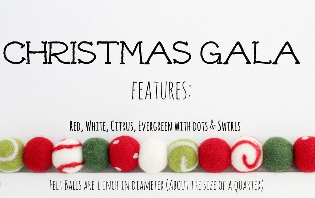 "Christmas Gala" Christmas Felt Ball Garland by Sheep Farm Felt- Red, Green, White Swirls and Dots Felt Balls. 9ft garland shown. 2.5 cm balls.
