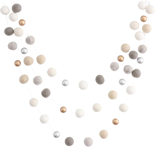 "Neutral Luxe" Handmade Felt Ball Christmas Garland by Sheep Farm Felt- White, Ivory, Cream, Gray, Gold and Silver Wool and Wood Felt Ball Metallic garland. 2.5 cm balls.