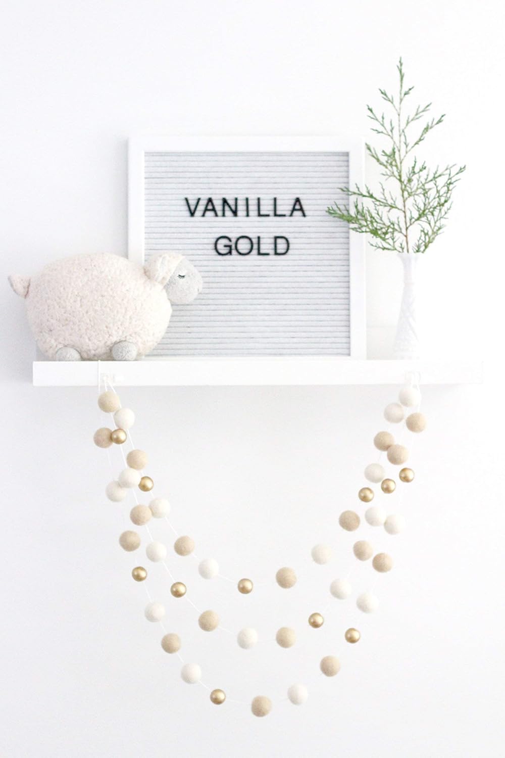 "Vanilla Gold" Handmade Felt Ball Christmas Garland by Sheep Farm Felt- Cream, Ivory, and Gold Wool and Wood Felt Ball Metallic garland- 2.5 cm felt balls