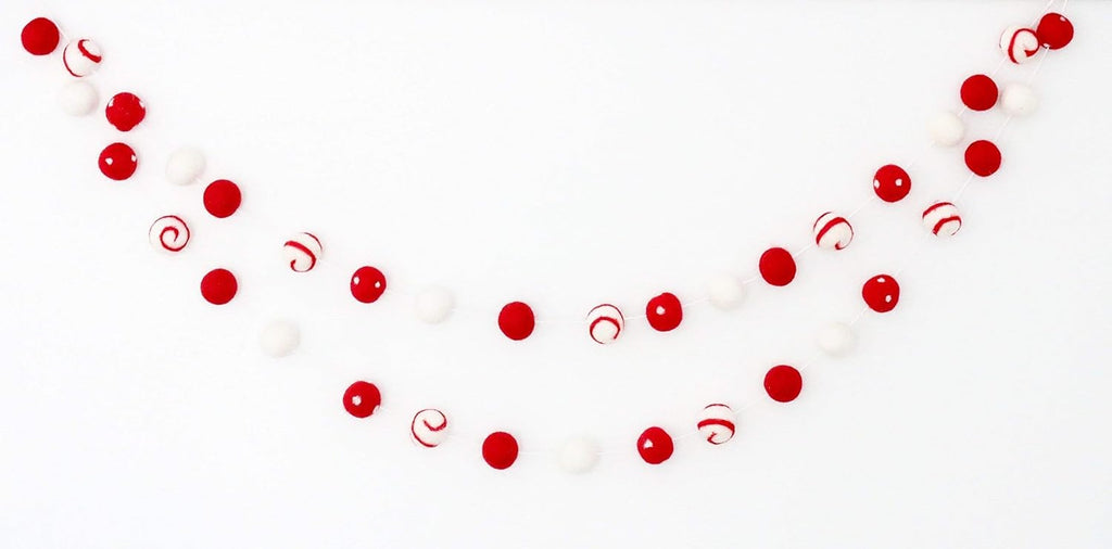 "Peppermint Swirl" Christmas Felt Ball Garland by Sheep Farm Felt- Red White Swirls and Dots Felt Balls. 9ft garland shown. 2.5 cm balls.