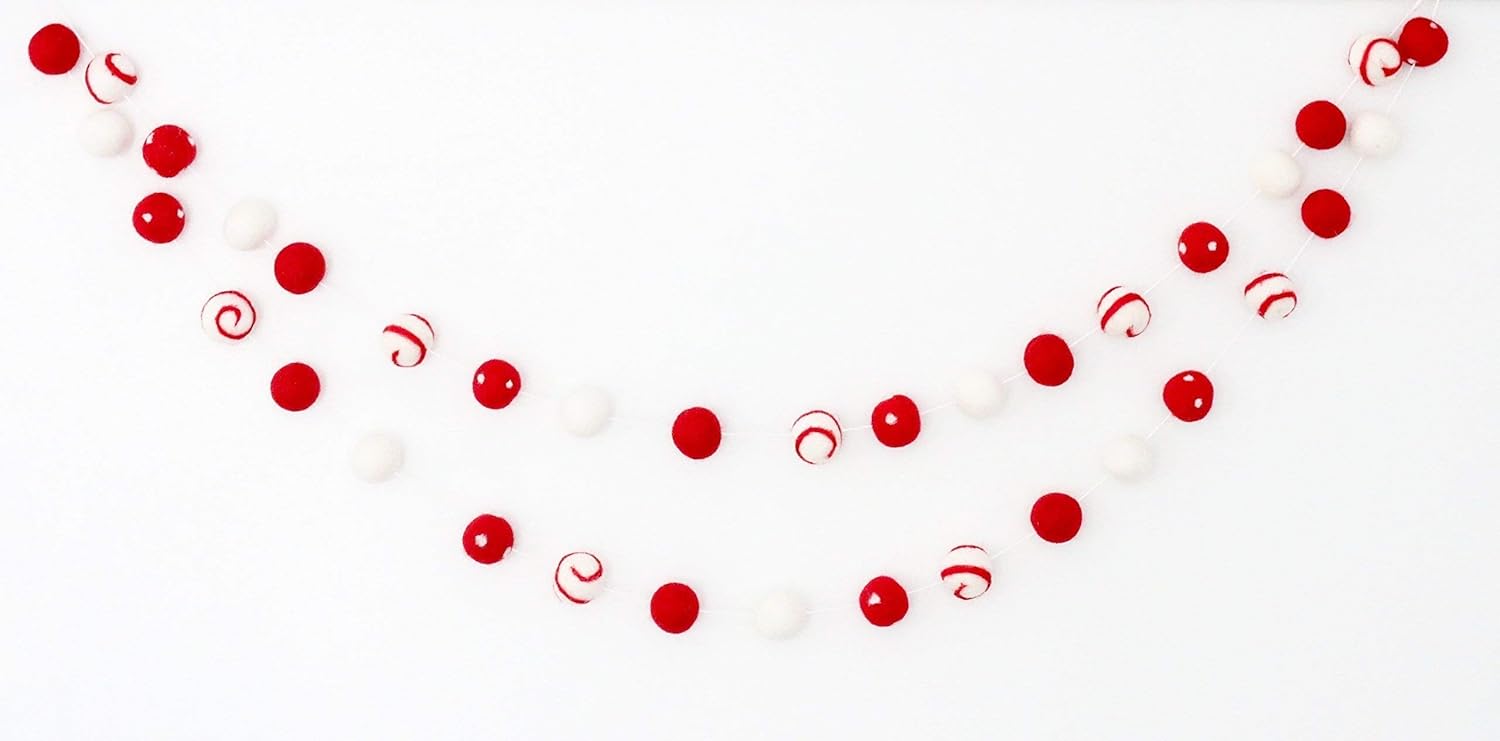 "Peppermint Swirl" Christmas Felt Ball Garland by Sheep Farm Felt- Red White Swirls and Dots Felt Balls. 9ft garland shown. 2.5 cm balls.