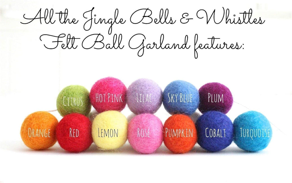 "All The Jingle Bells & Whistles" Christmas Felt Ball Garland by Sheep Farm Felt- Multicolored Christmas Tree trim. 2.5 cm balls.