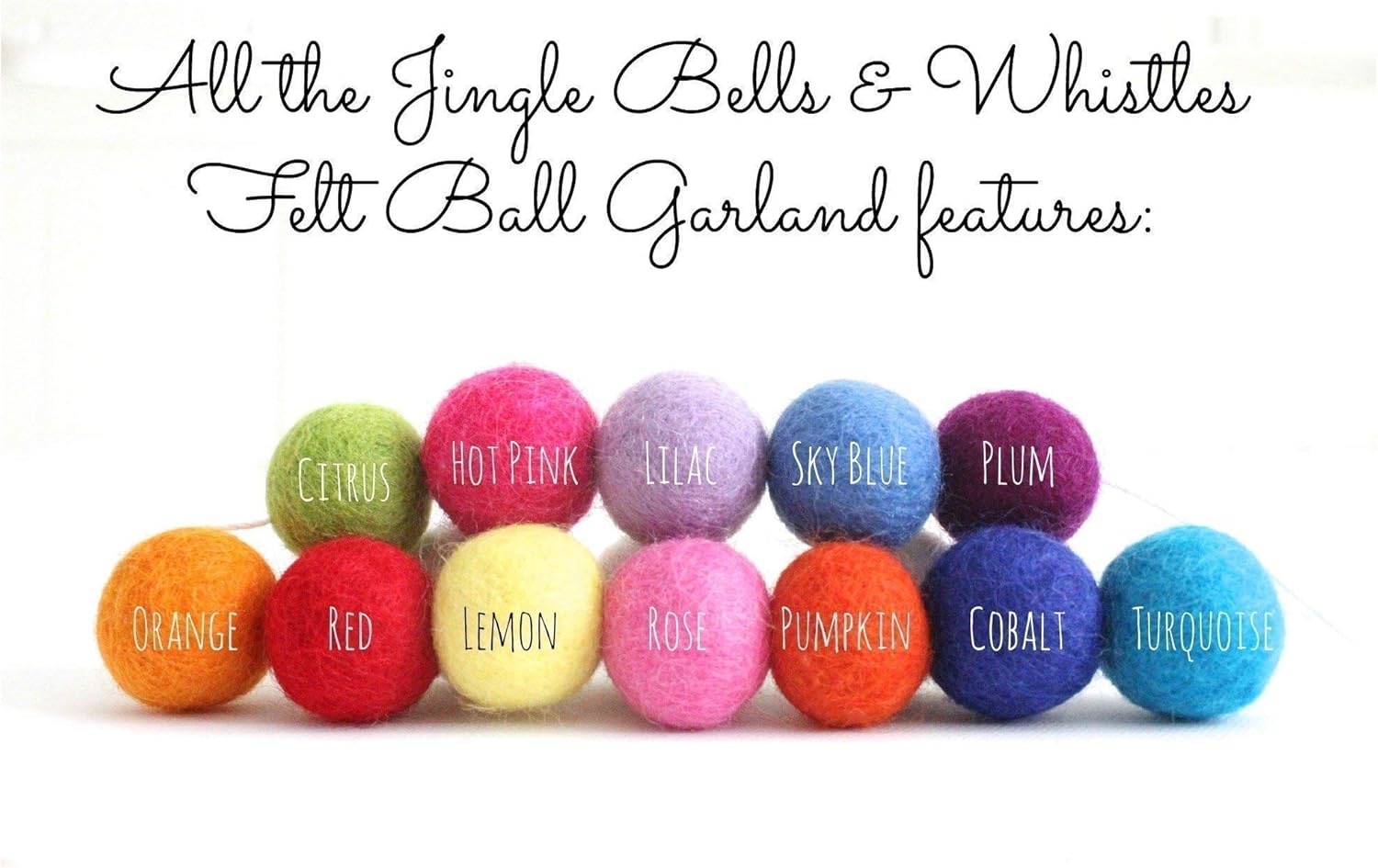 "All The Jingle Bells & Whistles" Christmas Felt Ball Garland by Sheep Farm Felt- Multicolored Christmas Tree trim. 2.5 cm balls.
