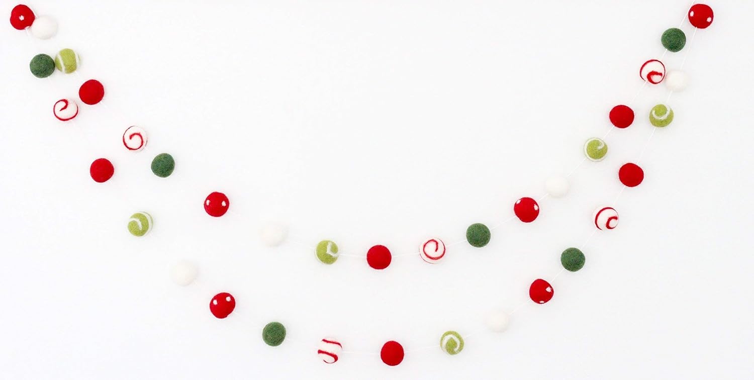 "Christmas Gala" Christmas Felt Ball Garland by Sheep Farm Felt- Red, Green, White Swirls and Dots Felt Balls. 9ft garland shown. 2.5 cm balls.