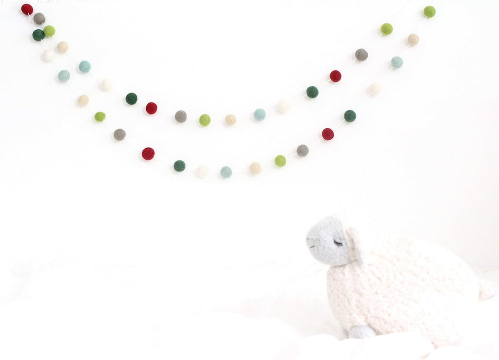 "I'll be Home for Christmas" Handmade Christmas Felt Ball Garland by Sheep Farm Felt- Red Green Mint Gray White Cream Christmas Tree trim. 2.5 cm balls.