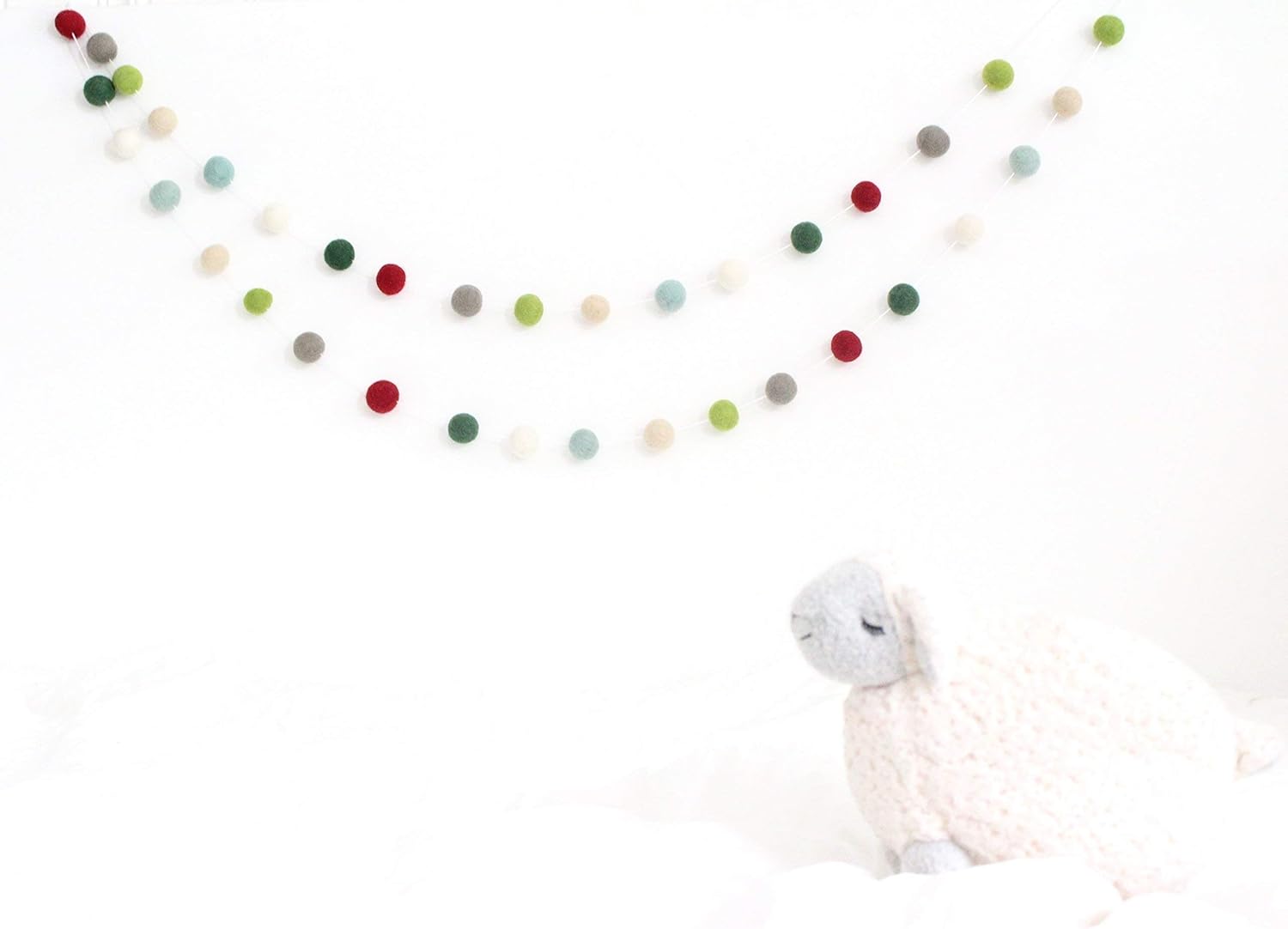 "I'll be Home for Christmas" Handmade Christmas Felt Ball Garland by Sheep Farm Felt- Red Green Mint Gray White Cream Christmas Tree trim. 2.5 cm balls.