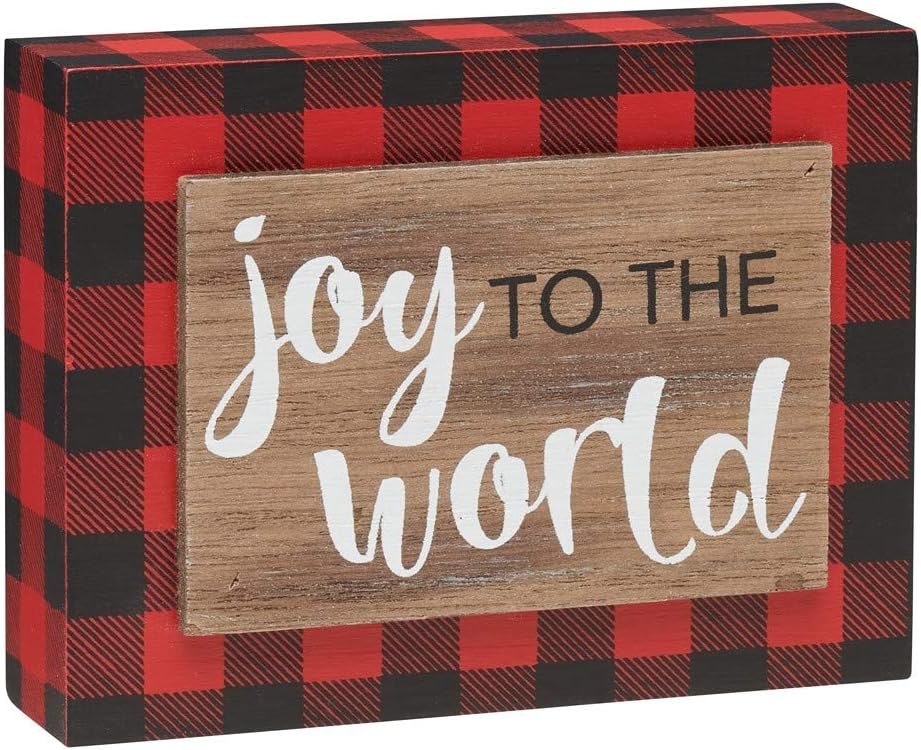 'Joy to the World' Red Plaid Block Sign - Small Wooden Checkered Christmas Sign
