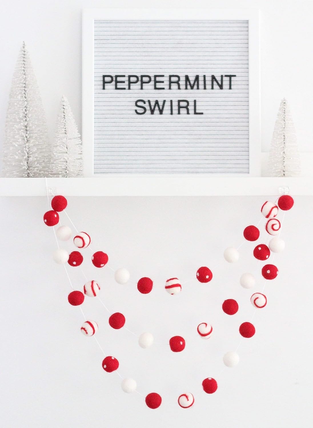 "Peppermint Swirl" Christmas Felt Ball Garland by Sheep Farm Felt- Red White Swirls and Dots Felt Balls. 9ft garland shown. 2.5 cm balls.