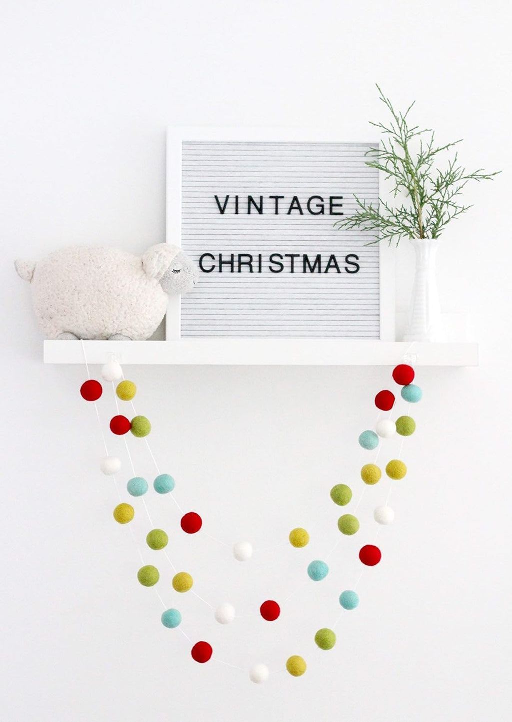 "Vintage Christmas" Handmade Wool Felt Ball Garland by Sheep Farm Felt- Red, Marigold, White, Green, Aqua Pom Pom Garland. 2.5 cm balls.
