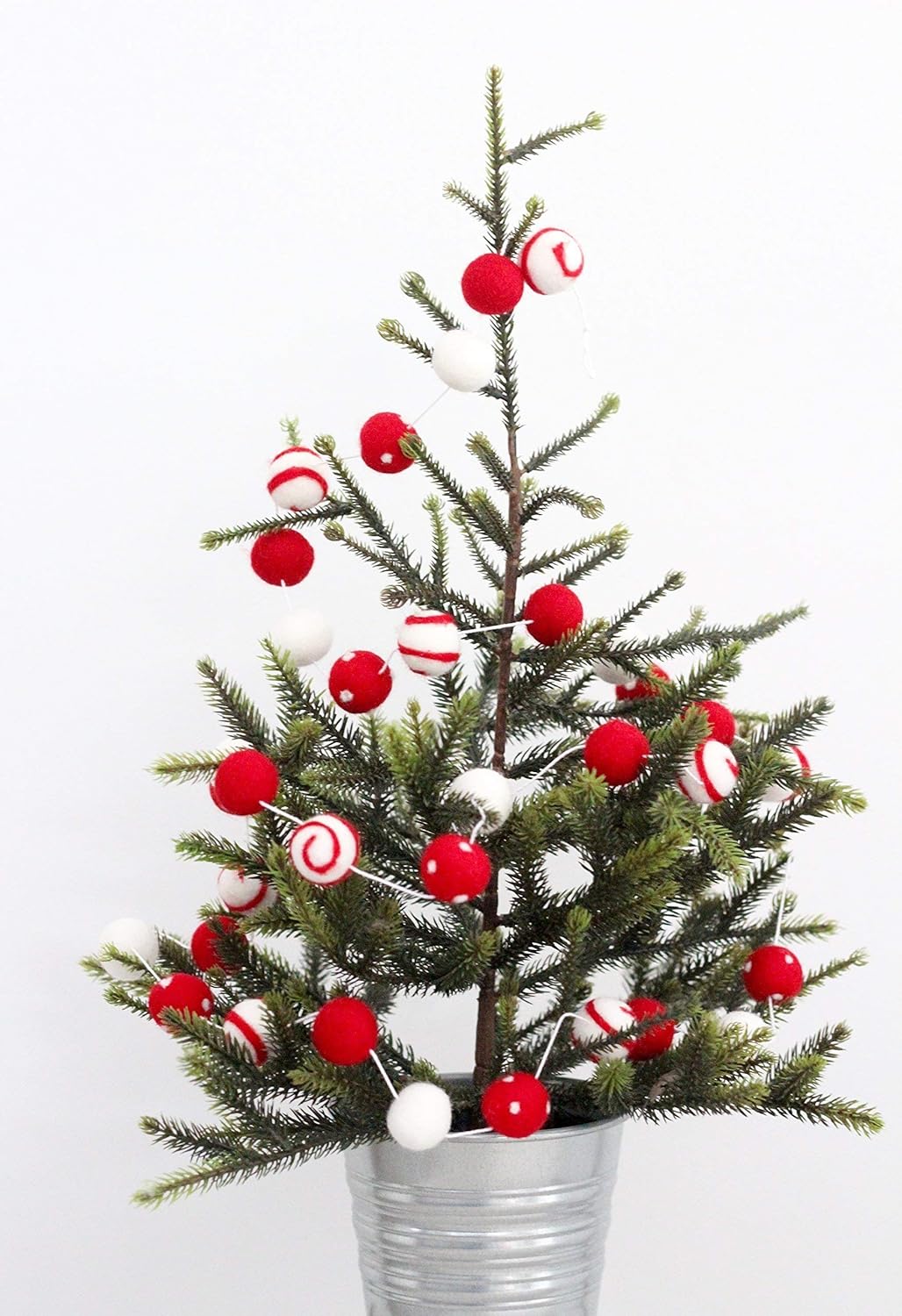 "Peppermint Swirl" Christmas Felt Ball Garland by Sheep Farm Felt- Red White Swirls and Dots Felt Balls. 9ft garland shown. 2.5 cm balls.