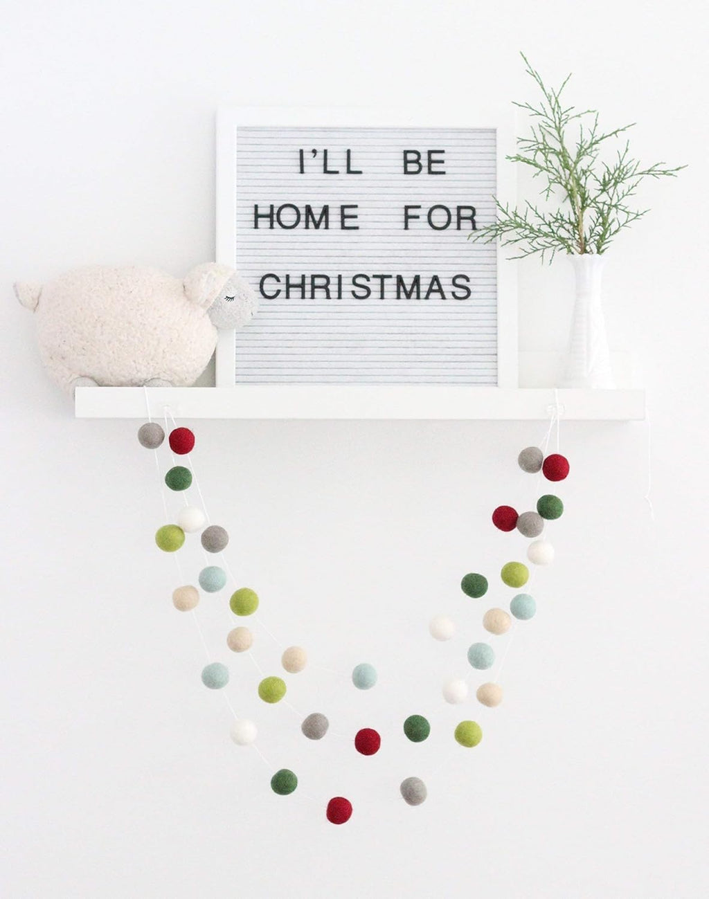 "I'll be Home for Christmas" Handmade Christmas Felt Ball Garland by Sheep Farm Felt- Red Green Mint Gray White Cream Christmas Tree trim. 2.5 cm balls.