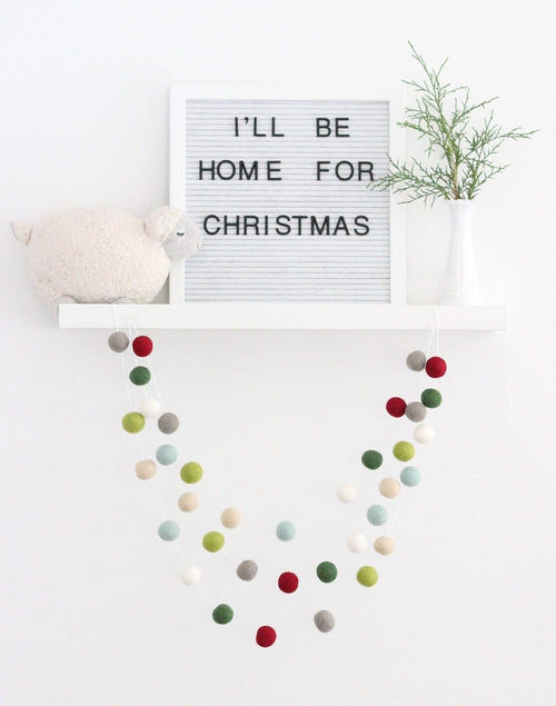 "I'll be Home for Christmas" Handmade Christmas Felt Ball Garland by Sheep Farm Felt- Red Green Mint Gray White Cream Christmas Tree trim. 2.5 cm balls.