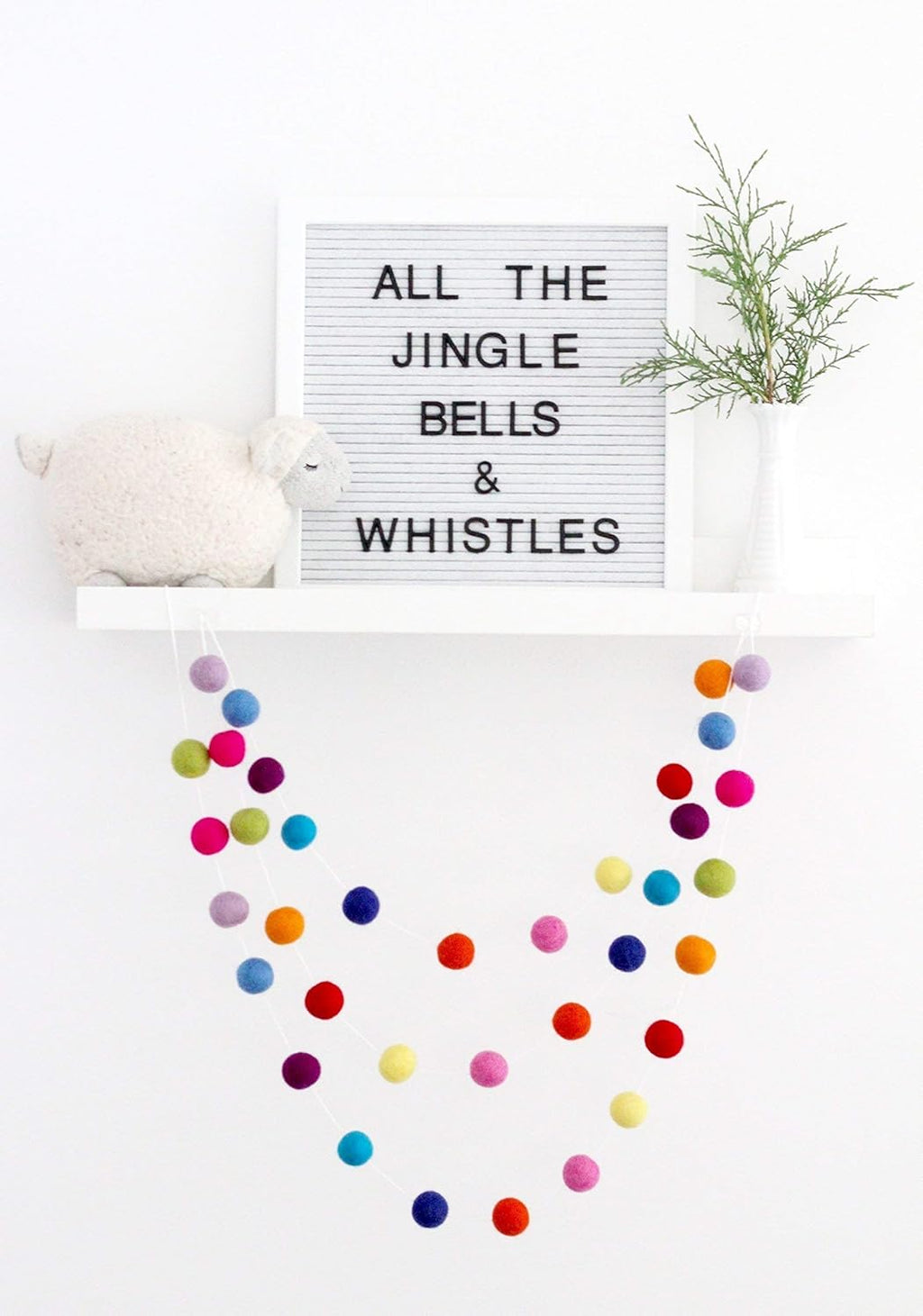 "All The Jingle Bells & Whistles" Christmas Felt Ball Garland by Sheep Farm Felt- Multicolored Christmas Tree trim. 2.5 cm balls.