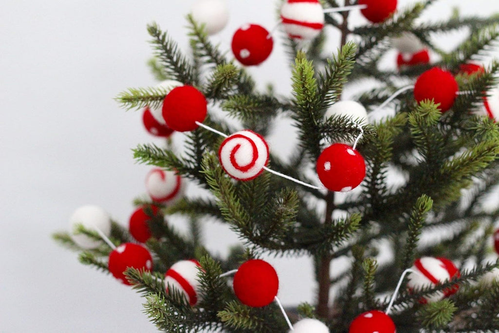 "Peppermint Swirl" Christmas Felt Ball Garland by Sheep Farm Felt- Red White Swirls and Dots Felt Balls. 9ft garland shown. 2.5 cm balls.