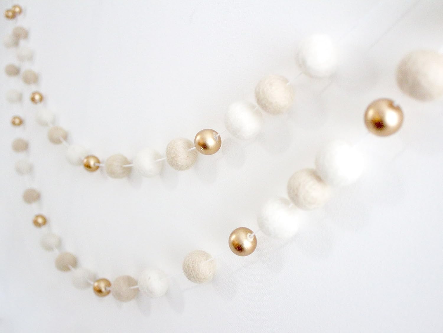 "Vanilla Gold" Handmade Felt Ball Christmas Garland by Sheep Farm Felt- Cream, Ivory, and Gold Wool and Wood Felt Ball Metallic garland- 2.5 cm felt balls
