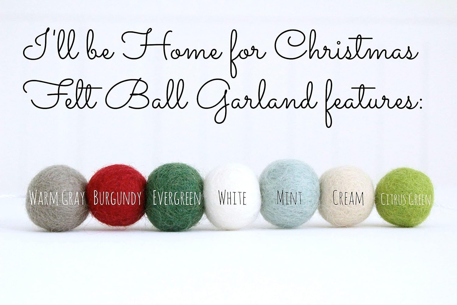 "I'll be Home for Christmas" Handmade Christmas Felt Ball Garland by Sheep Farm Felt- Red Green Mint Gray White Cream Christmas Tree trim. 2.5 cm balls.