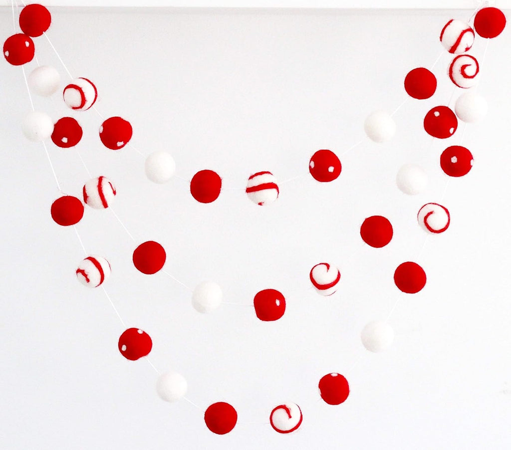 "Peppermint Swirl" Christmas Felt Ball Garland by Sheep Farm Felt- Red White Swirls and Dots Felt Balls. 9ft garland shown. 2.5 cm balls.
