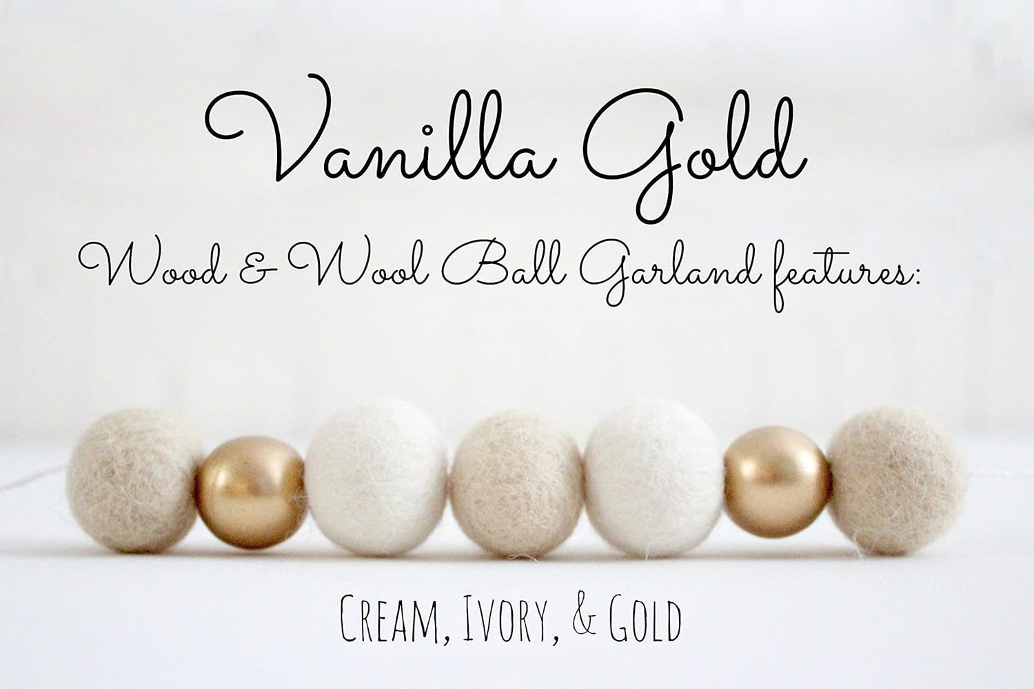 "Vanilla Gold" Handmade Felt Ball Christmas Garland by Sheep Farm Felt- Cream, Ivory, and Gold Wool and Wood Felt Ball Metallic garland- 2.5 cm felt balls