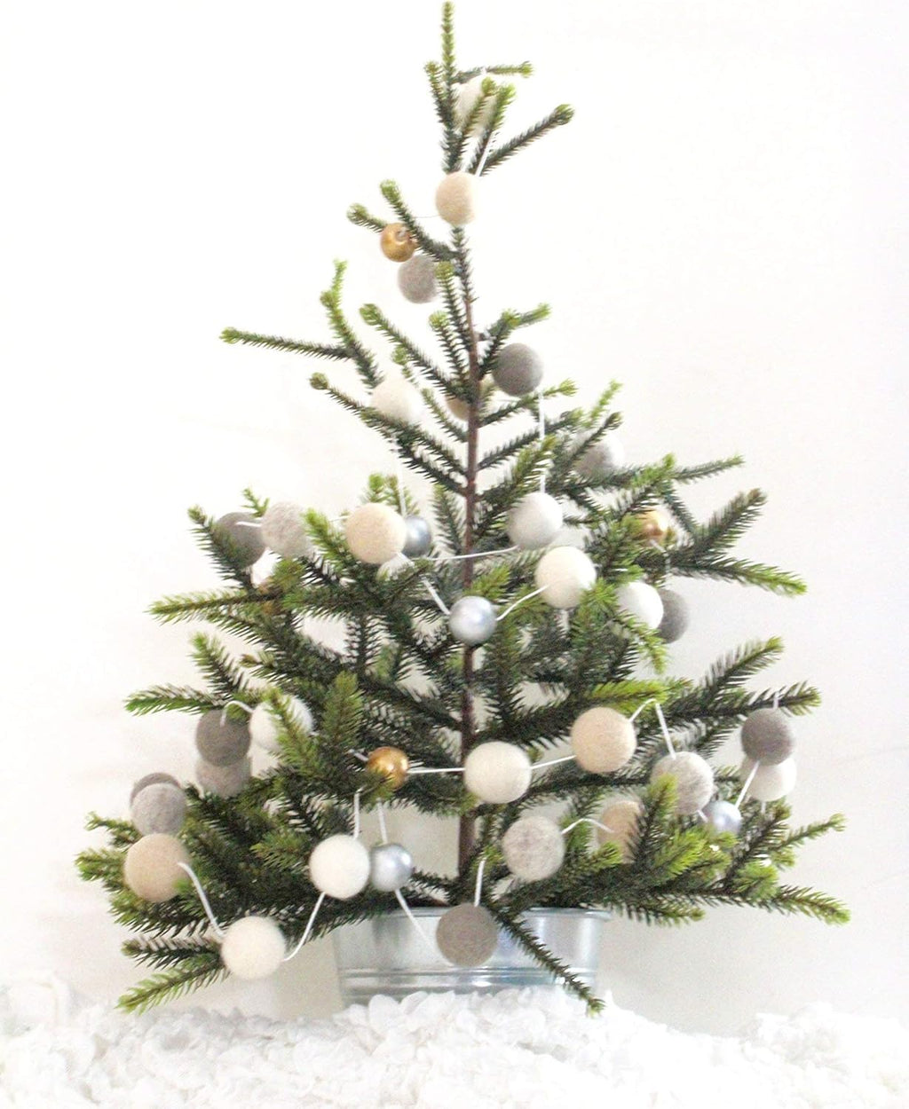 "Neutral Luxe" Handmade Felt Ball Christmas Garland by Sheep Farm Felt- White, Ivory, Cream, Gray, Gold and Silver Wool and Wood Felt Ball Metallic garland. 2.5 cm balls.