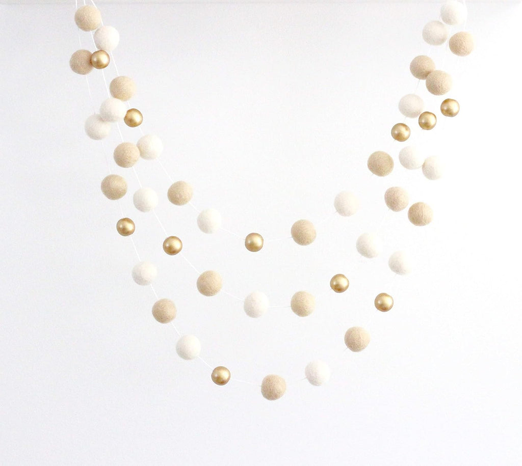 "Vanilla Gold" Handmade Felt Ball Christmas Garland by Sheep Farm Felt- Cream, Ivory, and Gold Wool and Wood Felt Ball Metallic garland- 2.5 cm felt balls