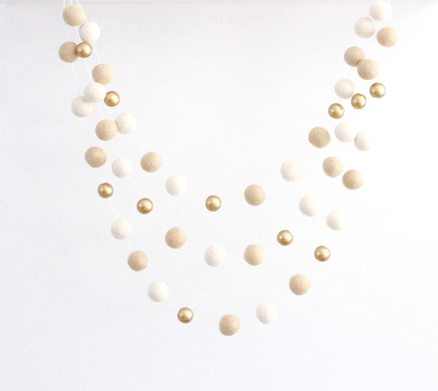 "Vanilla Gold" Handmade Felt Ball Christmas Garland by Sheep Farm Felt- Cream, Ivory, and Gold Wool and Wood Felt Ball Metallic garland- 2.5 cm felt balls