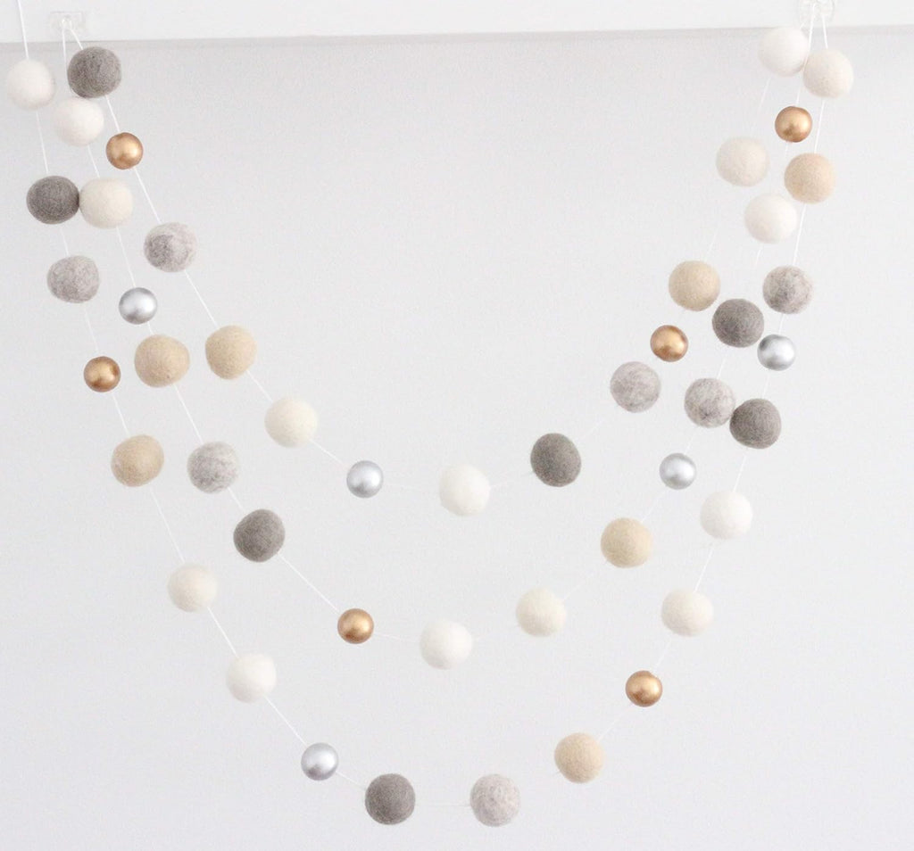 "Neutral Luxe" Handmade Felt Ball Christmas Garland by Sheep Farm Felt- White, Ivory, Cream, Gray, Gold and Silver Wool and Wood Felt Ball Metallic garland. 2.5 cm balls.