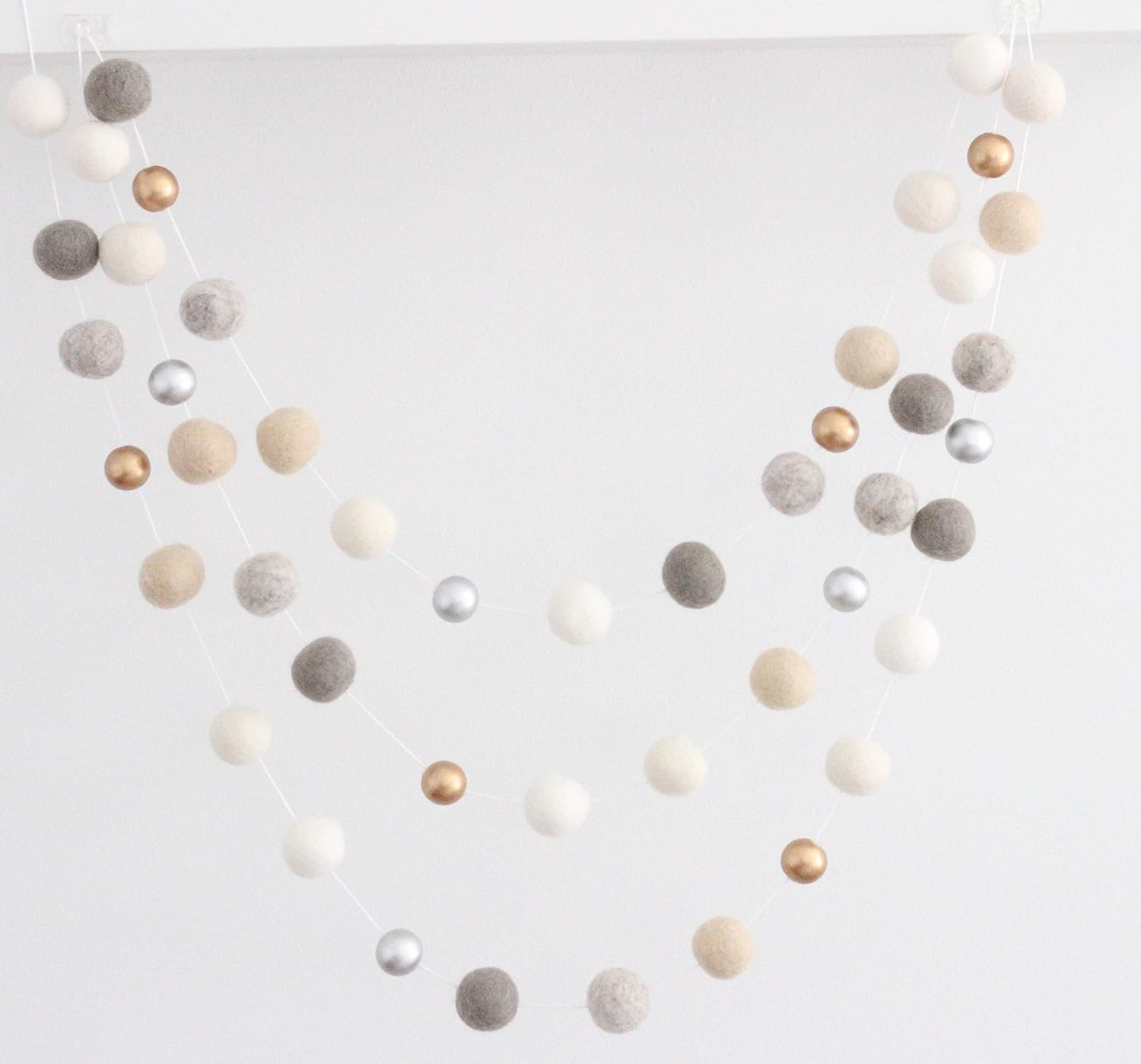 "Neutral Luxe" Handmade Felt Ball Christmas Garland by Sheep Farm Felt- White, Ivory, Cream, Gray, Gold and Silver Wool and Wood Felt Ball Metallic garland. 2.5 cm balls.