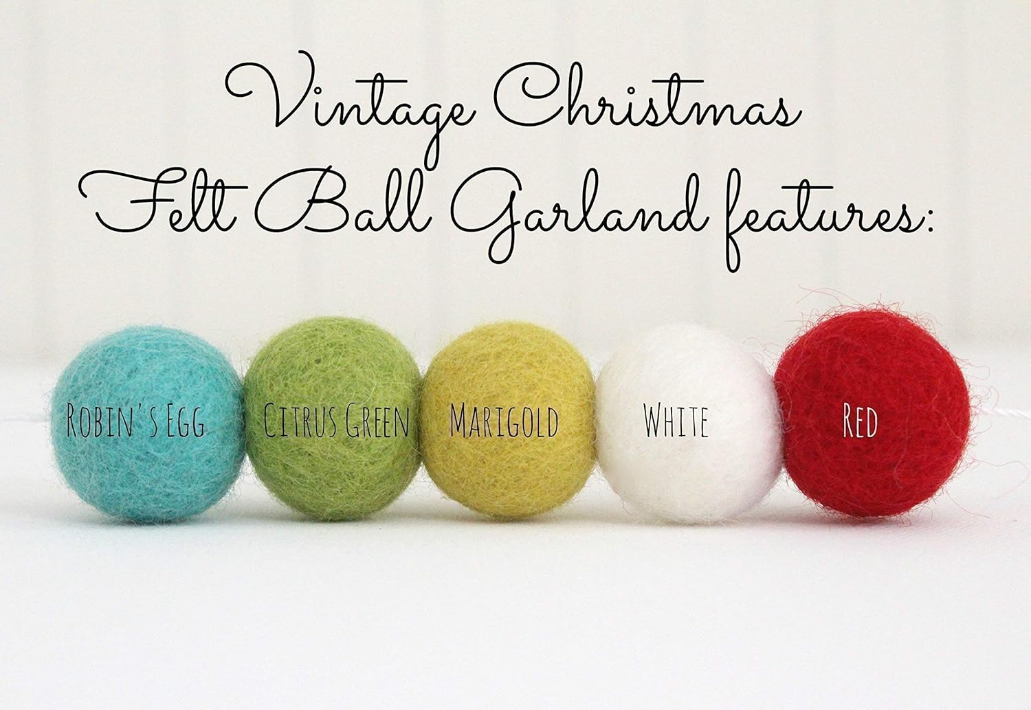 "Vintage Christmas" Handmade Wool Felt Ball Garland by Sheep Farm Felt- Red, Marigold, White, Green, Aqua Pom Pom Garland. 2.5 cm balls.