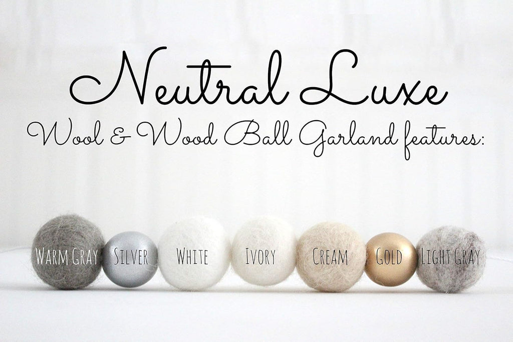 "Neutral Luxe" Handmade Felt Ball Christmas Garland by Sheep Farm Felt- White, Ivory, Cream, Gray, Gold and Silver Wool and Wood Felt Ball Metallic garland. 2.5 cm balls.
