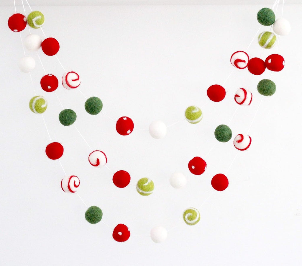 "Christmas Gala" Christmas Felt Ball Garland by Sheep Farm Felt- Red, Green, White Swirls and Dots Felt Balls. 9ft garland shown. 2.5 cm balls.