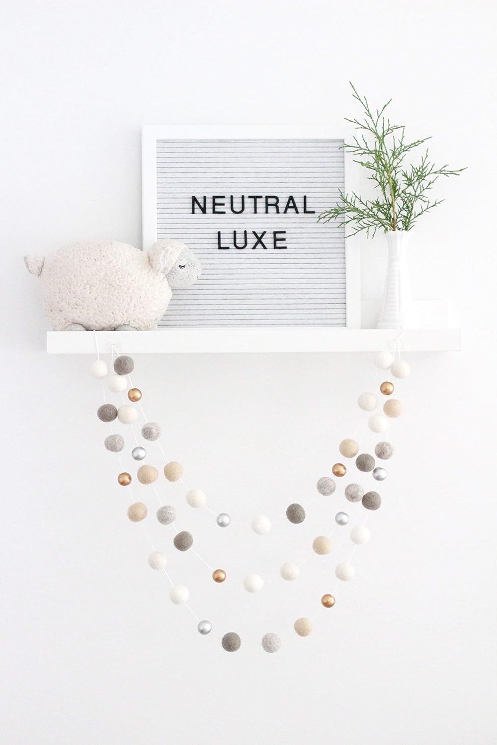 "Neutral Luxe" Handmade Felt Ball Christmas Garland by Sheep Farm Felt- White, Ivory, Cream, Gray, Gold and Silver Wool and Wood Felt Ball Metallic garland. 2.5 cm balls.