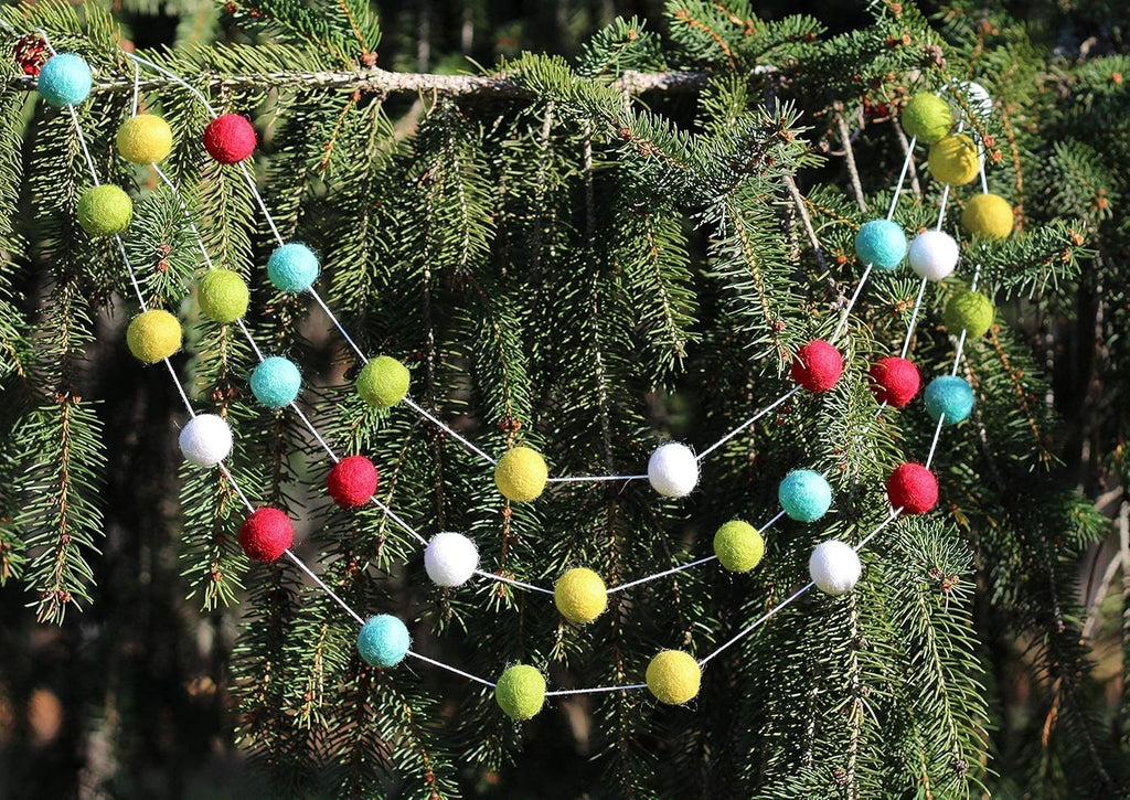 "Vintage Christmas" Handmade Wool Felt Ball Garland by Sheep Farm Felt- Red, Marigold, White, Green, Aqua Pom Pom Garland. 2.5 cm balls.