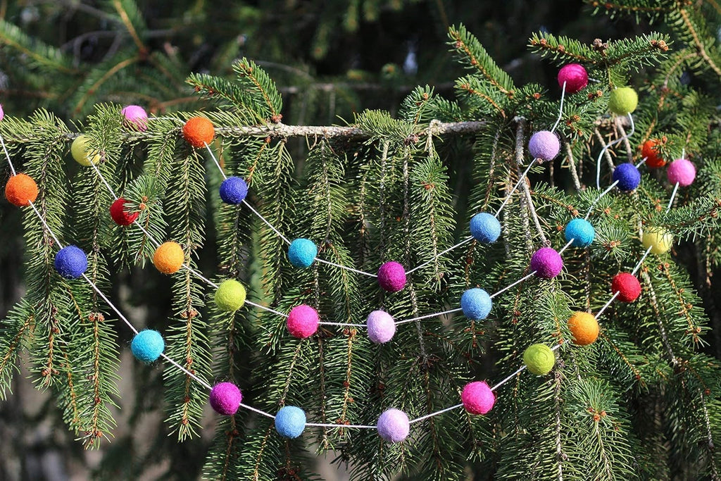 "All The Jingle Bells & Whistles" Christmas Felt Ball Garland by Sheep Farm Felt- Multicolored Christmas Tree trim. 2.5 cm balls.