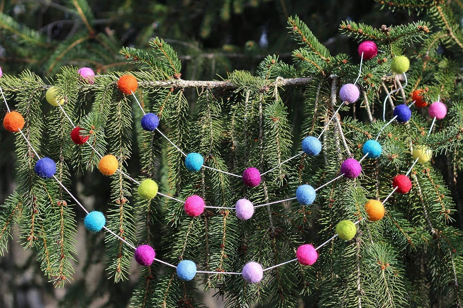 "All The Jingle Bells & Whistles" Christmas Felt Ball Garland by Sheep Farm Felt- Multicolored Christmas Tree trim. 2.5 cm balls.