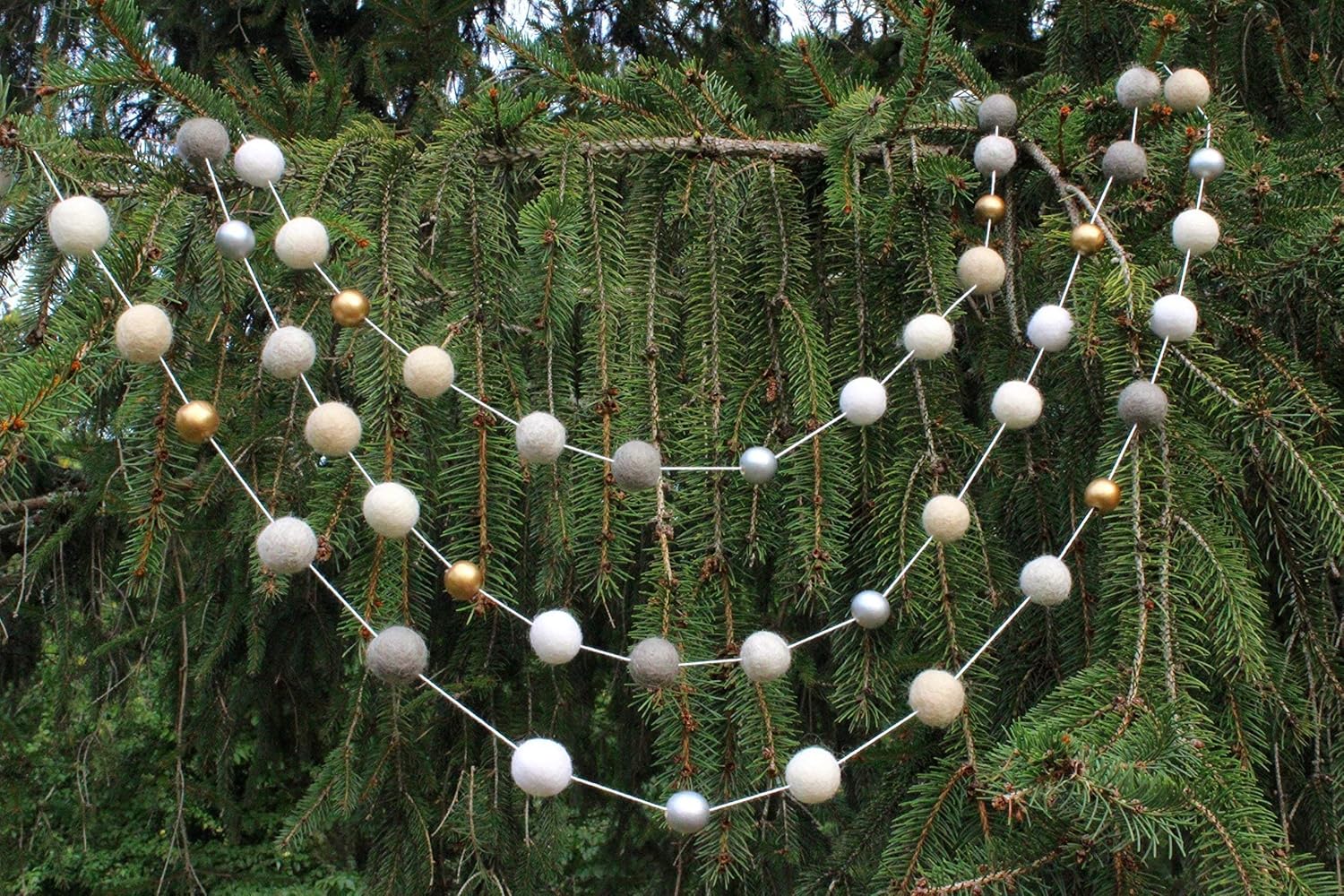 "Neutral Luxe" Handmade Felt Ball Christmas Garland by Sheep Farm Felt- White, Ivory, Cream, Gray, Gold and Silver Wool and Wood Felt Ball Metallic garland. 2.5 cm balls.