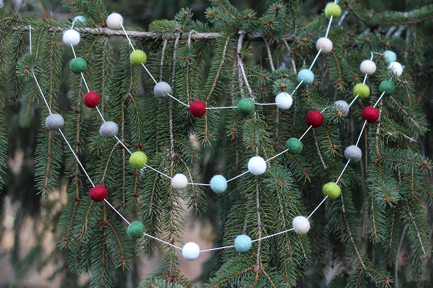 "I'll be Home for Christmas" Handmade Christmas Felt Ball Garland by Sheep Farm Felt- Red Green Mint Gray White Cream Christmas Tree trim. 2.5 cm balls.