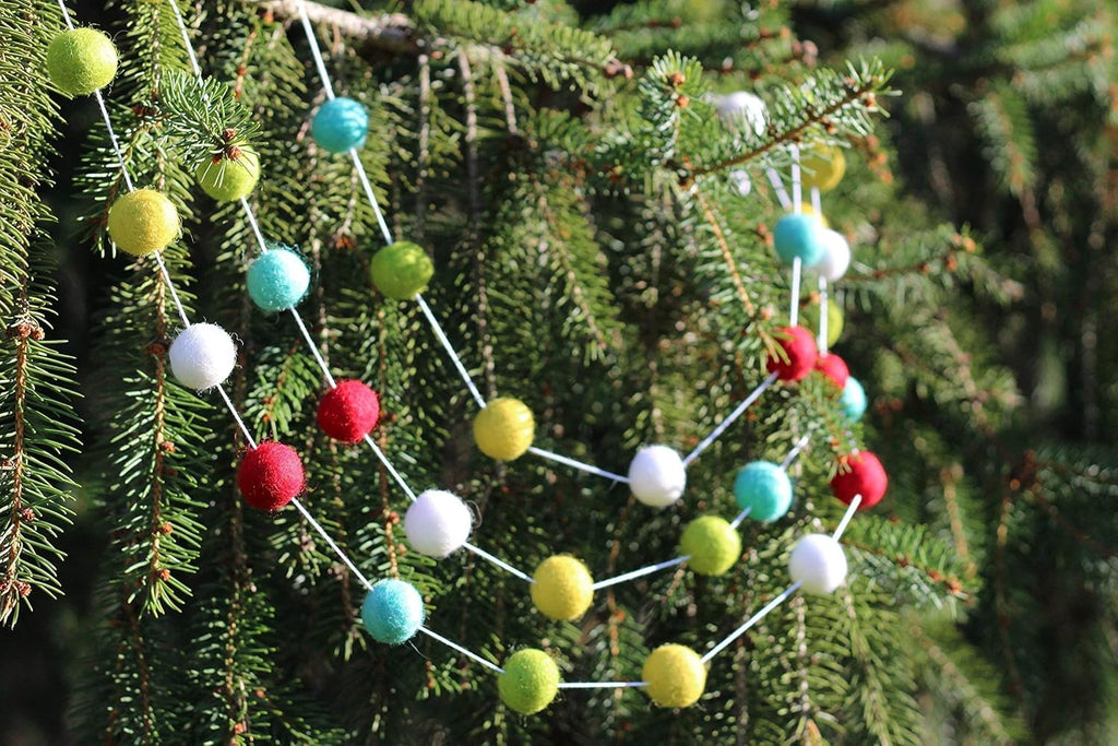 "Vintage Christmas" Handmade Wool Felt Ball Garland by Sheep Farm Felt- Red, Marigold, White, Green, Aqua Pom Pom Garland. 2.5 cm balls.