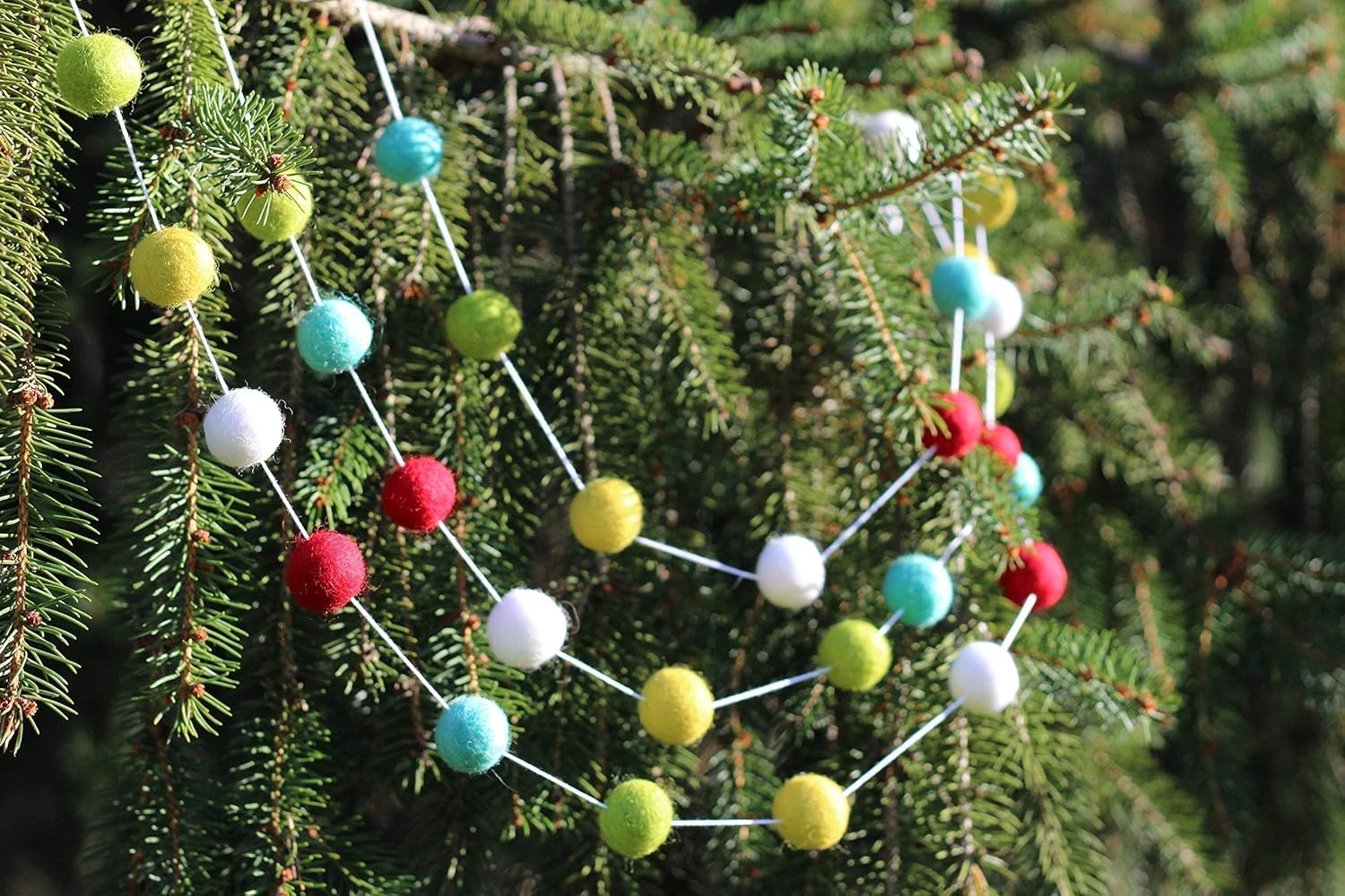 "Vintage Christmas" Handmade Wool Felt Ball Garland by Sheep Farm Felt- Red, Marigold, White, Green, Aqua Pom Pom Garland. 2.5 cm balls.