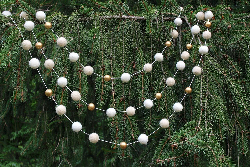 "Vanilla Gold" Handmade Felt Ball Christmas Garland by Sheep Farm Felt- Cream, Ivory, and Gold Wool and Wood Felt Ball Metallic garland- 2.5 cm felt balls