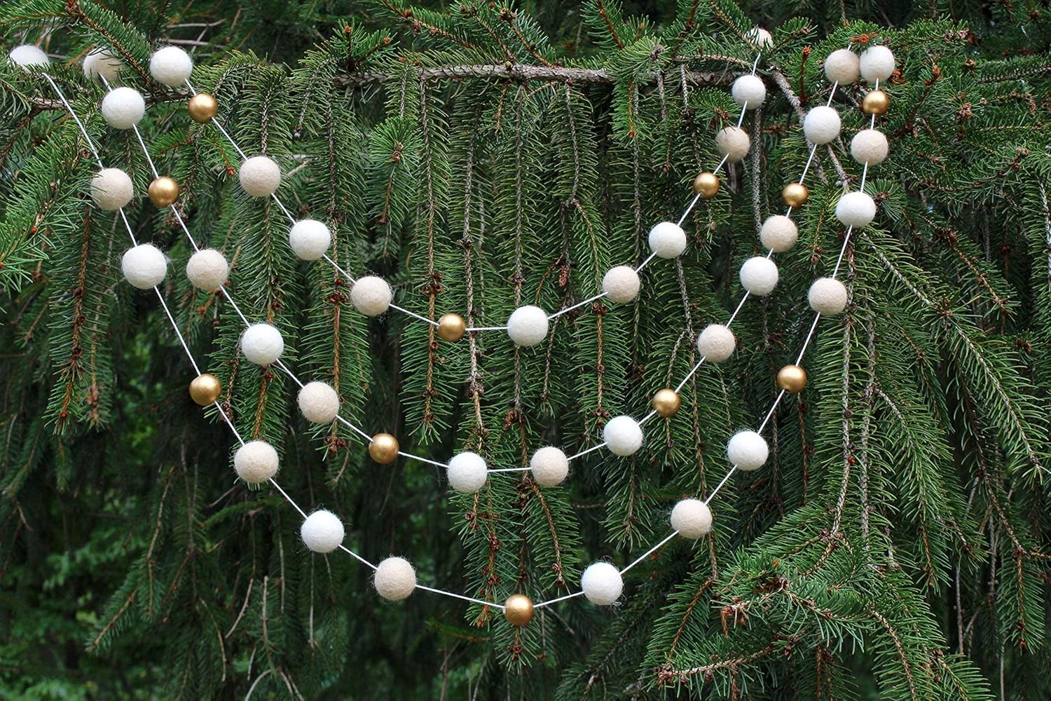 "Vanilla Gold" Handmade Felt Ball Christmas Garland by Sheep Farm Felt- Cream, Ivory, and Gold Wool and Wood Felt Ball Metallic garland- 2.5 cm felt balls